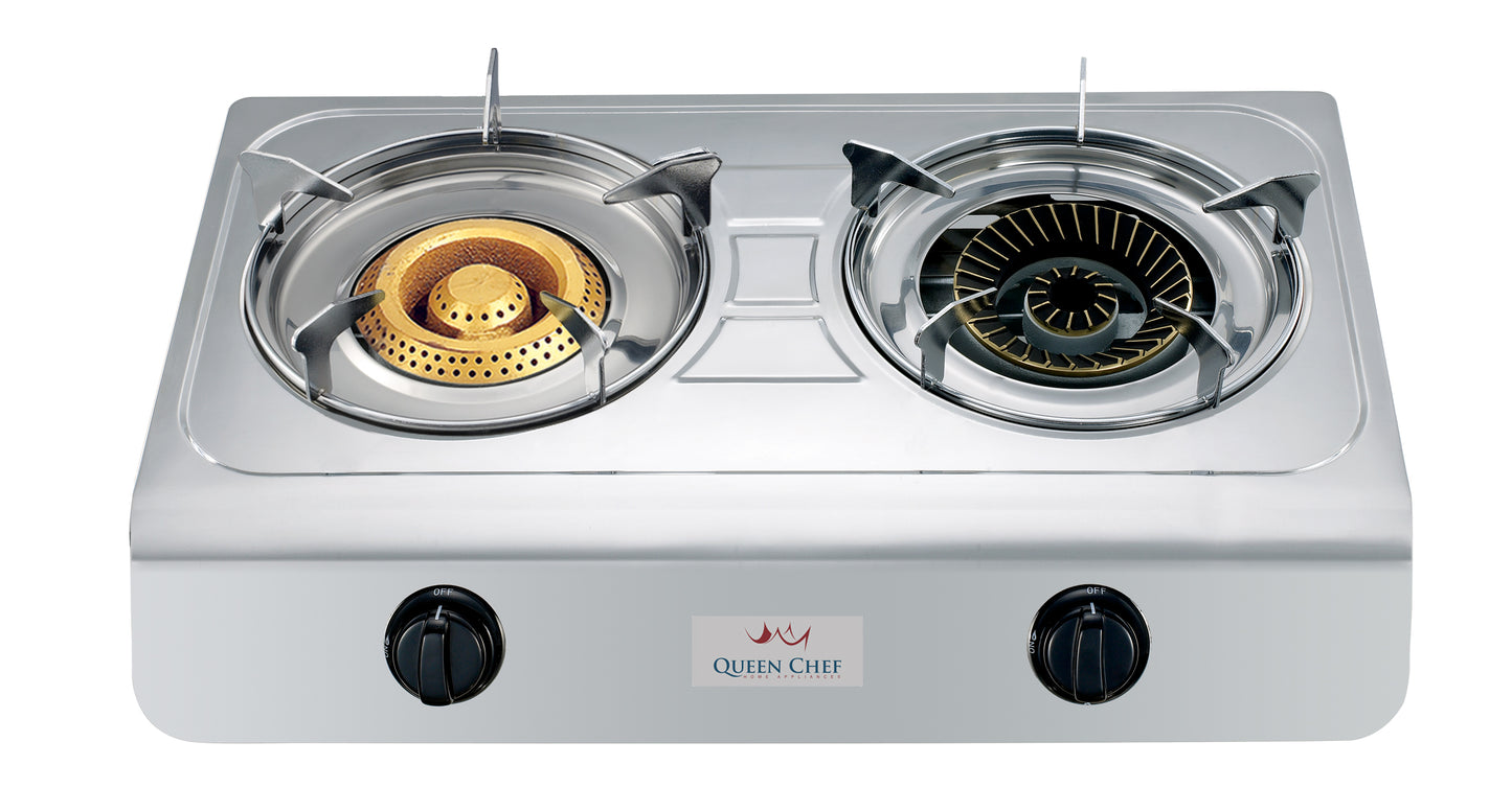 Queen Chef Brass Double Burner Gas Stove
